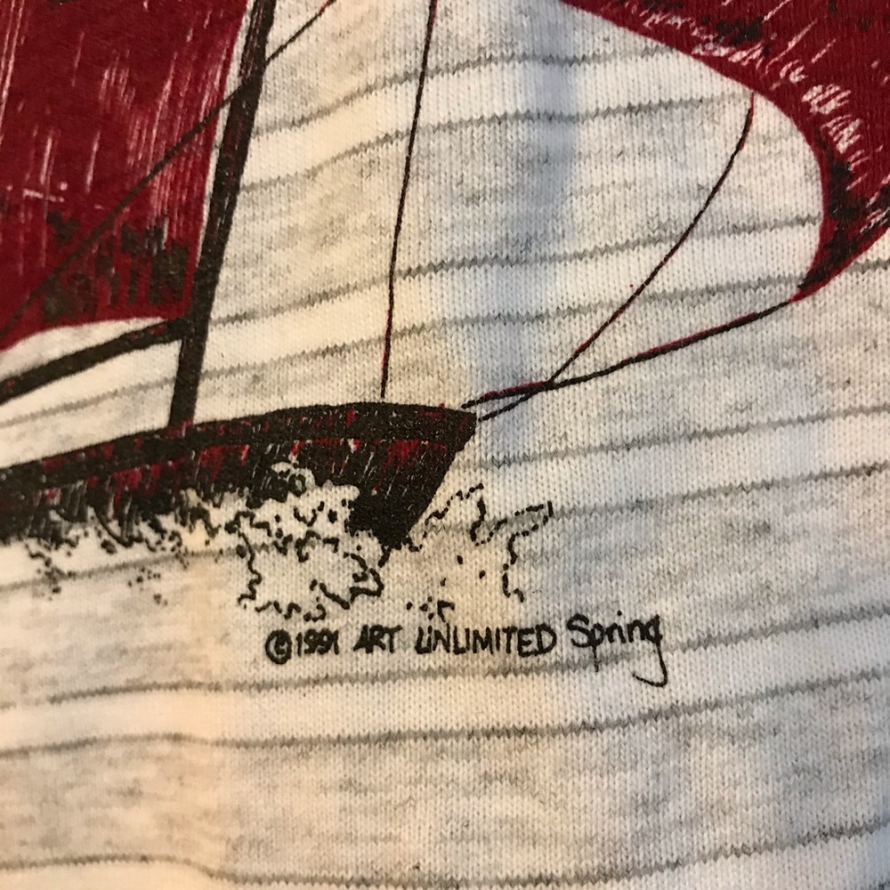 Vintage 90s Sailboat Boat Gray Striped USA T Shirt - Picture 4 of 6